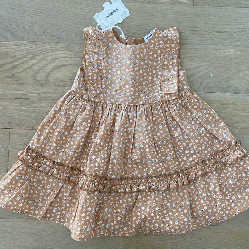 NWT Primigino Baby Girl Dress size 12 months. Golden color with flowers